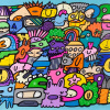 bright and vibrant original painting by artist kev munday with the artist's playful characters