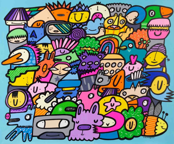 bright and vibrant original painting by artist kev munday with the artist's playful characters