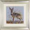 loose painting of a hare in earth tones by artist Ruby Keller framed in a silver frame