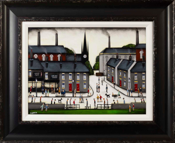 oil painting by Sean Durkin inspired by LS Lowry, showing an industrial street scene