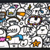 large original painting by acclaimed artist kev munday with splashes of colour against fun characters