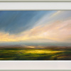 original oil painting by harry brioche with striking sunlight bursting through clouds and lighting up bright green fields