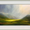 large oil painting of layers of hills with bright light shining onto the land between the valley with bright greens