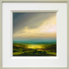 original oil painting by artist harry brioche with golden light streaming in and lighting up luminous green fields