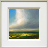 vibrant oil painting of blue skies and bright green sunlight fields by artist harry brioche