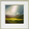 original oil painting by artist harry brioche with golden light streaming in and lighting up luminous green fields