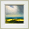 vibrant oil painting of blue skies and bright green sunlight fields by artist harry brioche