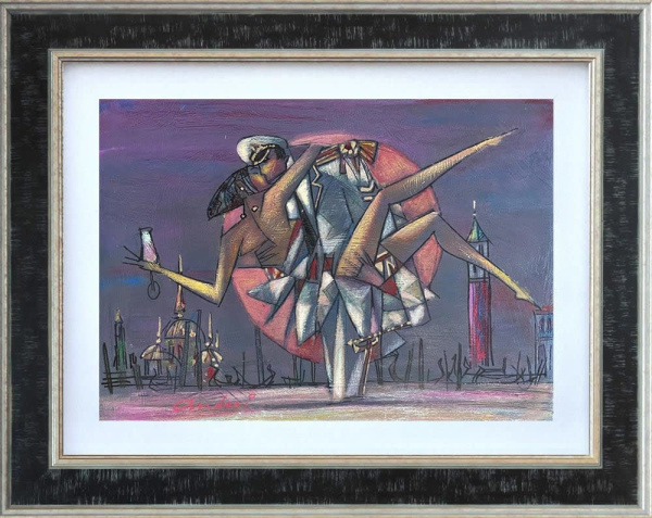 a couple embrace with a purple backdrop in this Venice inspired limited edition print by Andrei Protsouk