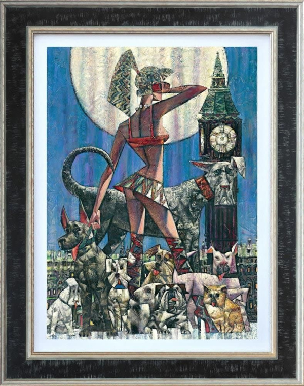hand embellished limited edition print picturing a moonlit London scene with Big Ben and a hound by artist Andrei Protsouk