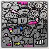 original painting by kev monday with graduated grey background and outlines of characters with splashes of pink colours