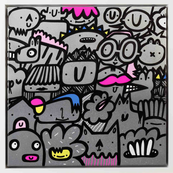 original painting by kev monday with graduated grey background and outlines of characters with splashes of pink colours