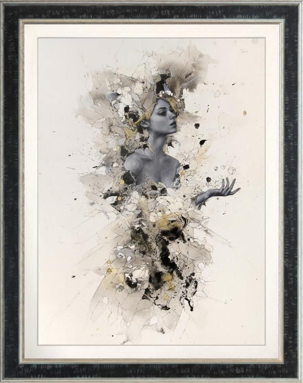 gold leaf embellished limited edition contemporary print of a woman with outstretched hand and a brush pen style edging