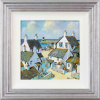 painting of a coastal village in a contemporary style by artist Alan Smith and framed in a silver frame