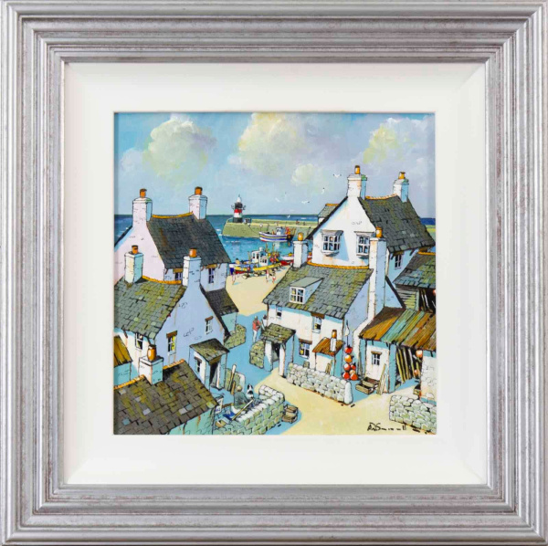painting of a coastal village in a contemporary style by artist Alan Smith and framed in a silver frame