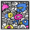 original painting by kev munday with bright blue pink and yellow characters