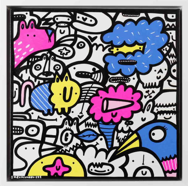 original painting by kev munday with bright blue pink and yellow characters