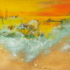 limited edition print by Japanese artist Hiroko Lewis with bright orange hues set against a patina effect of blue and gold