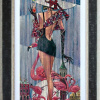 hand embellished limited edition by Andrei Protsouk with a dressed up woman and pink flamingos painted in the artist's geometric rustic style