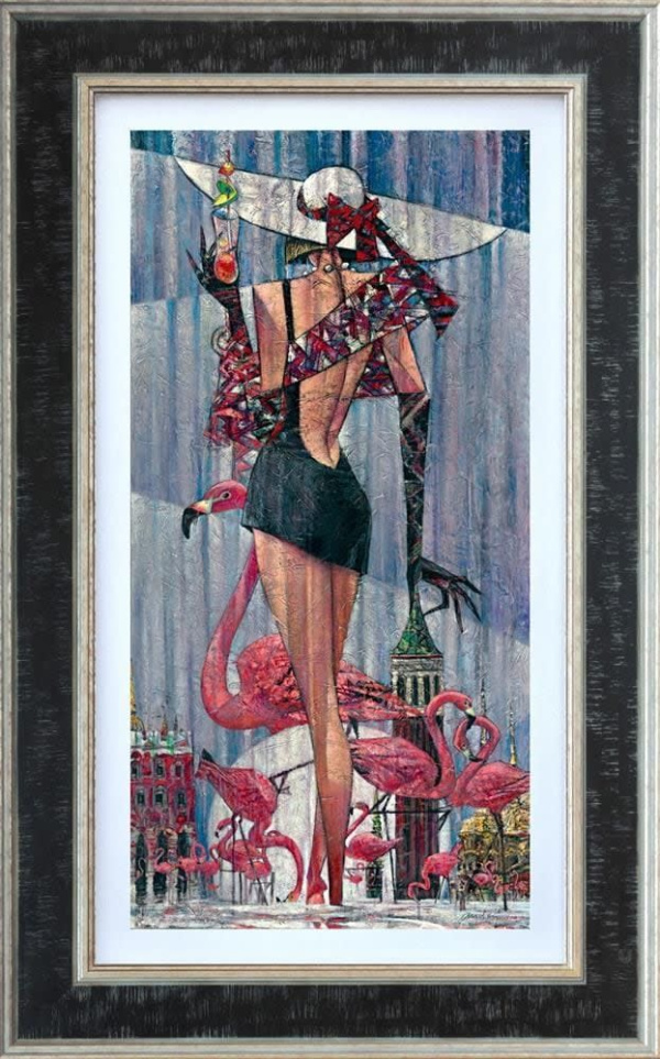 hand embellished limited edition by Andrei Protsouk with a dressed up woman and pink flamingos painted in the artist's geometric rustic style