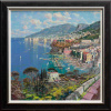 oil painting of Sorrento in Italy with blue waters and distant clouds above the harbour town