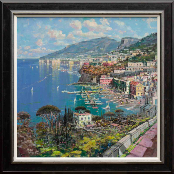 oil painting of Sorrento in Italy with blue waters and distant clouds above the harbour town