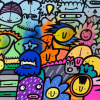 bright original painting by acclaimed artist kev munday with the full spectrum of colour and fun-filled characters