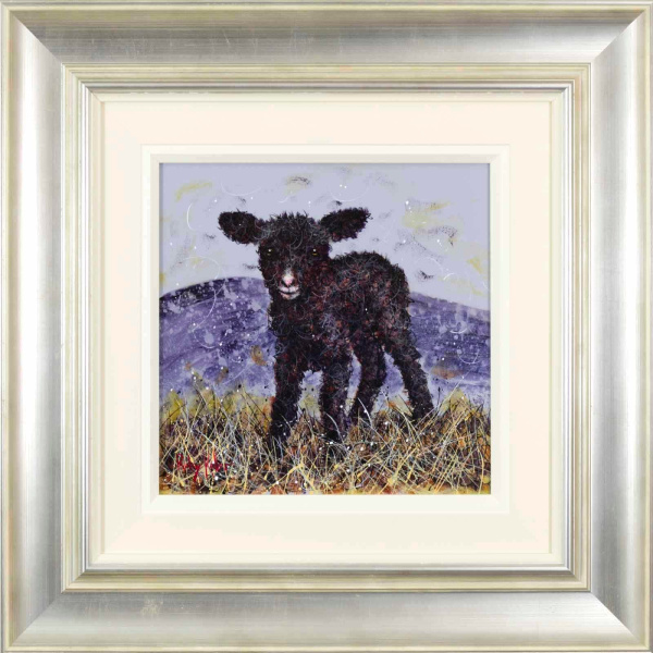 painting of a sweet little black lamb in a loose style by Ruby Keller and framed in a silver frame