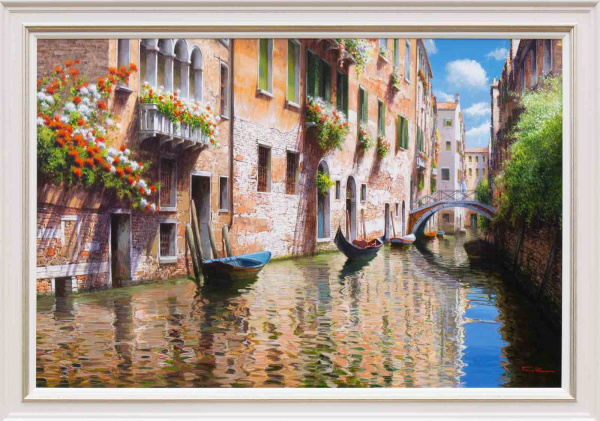 large oil painting of a Venice canal with gondolas, blue sky and intricate water reflections by artist Raffaele Fiore