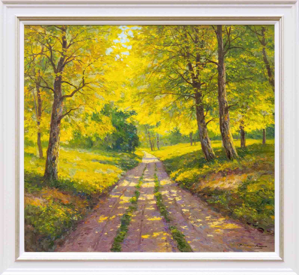 impressionist oil painting of a country lane with bright spring greens shining