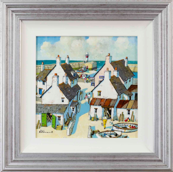 painting of a coastal village in a contemporary style by artist Alan Smith and framed in a silver frame