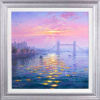 large original oil painting of a pastel hue sunrise over the Tower of London and Tower Bridge in London by Andrew Grant Kurtis