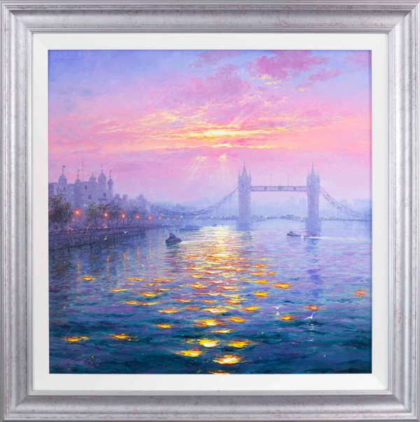 large original oil painting of a pastel hue sunrise over the Tower of London and Tower Bridge in London by Andrew Grant Kurtis