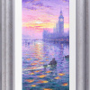 original oil painting by Andrew grant kurtis of Big Ben in London with the river thames and pastel sunset colours