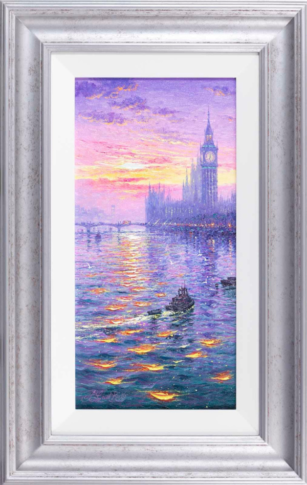 original oil painting by Andrew grant kurtis of Big Ben in London with the river thames and pastel sunset colours