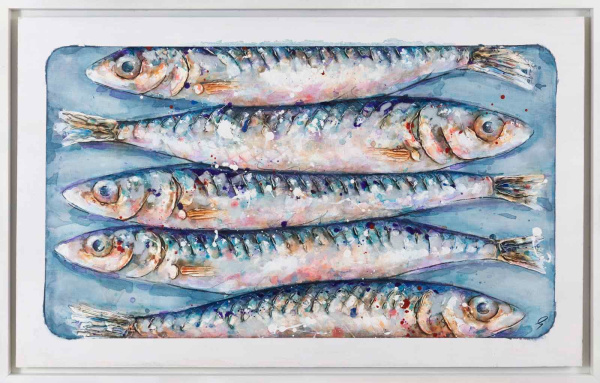 original painting of sardines laid out together with thick texture and iridescent colours by artist Giles Ward