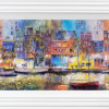 colourful painting of an amsterdam canal scene with water reflections and canal boats by artist veronika benoni