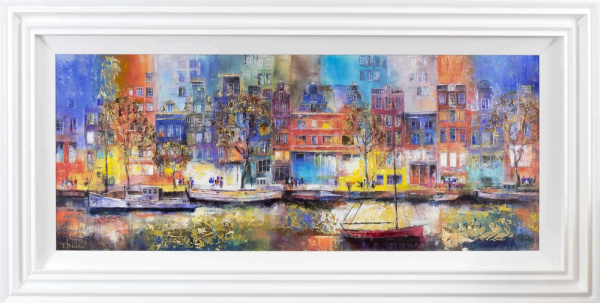 colourful painting of an amsterdam canal scene with water reflections and canal boats by artist veronika benoni