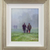 painting of a countryside misting morning with two people and a black labrador by Stephen Hawkins artist
