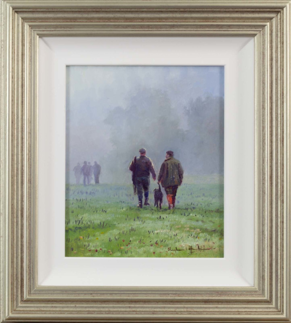 painting of a countryside misting morning with two people and a black labrador by Stephen Hawkins artist