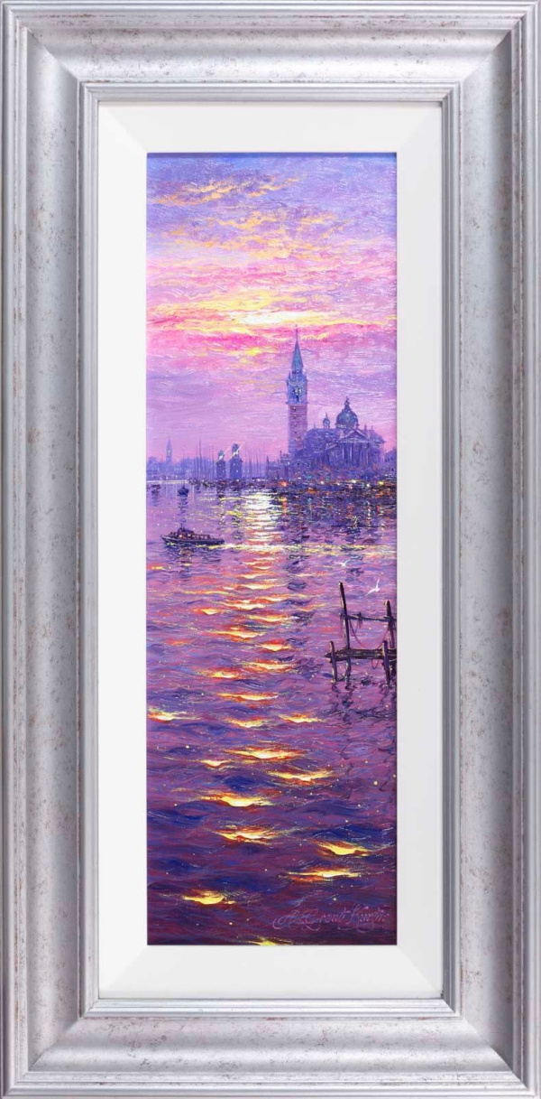 Original oil painting of San Giorgio Maggiore in Venice at sunset with gentle pastel hues and water reflections by artist Andrew Grant Kurtis