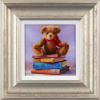 painting of a teddy bear sitting on top of books