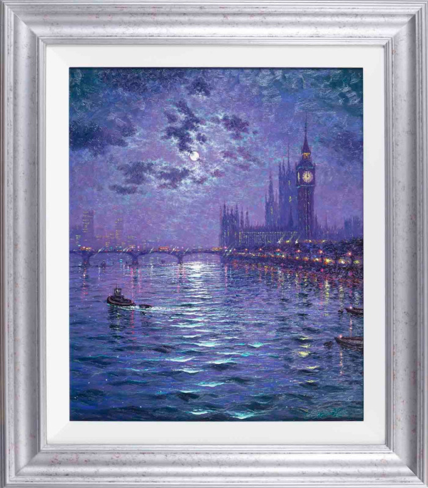 original oil painting with deep blues and purples picturing Big Ben on the River Thames under moonlight by artist Andrew Grant Kurtis