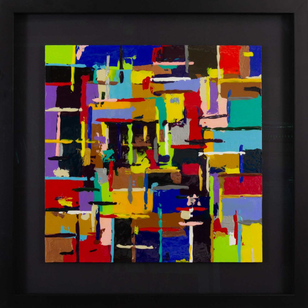 original abstract painting by artist Peter Vaillant with overlapping colour swatches and textured paint presented float mounted on black with a black frame