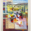 abstract landscape painting with deep crimson hues and a picnic looking out over tuscan hills by Italian artist Mario malfer