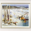 snow landscape painting with sunlit tree trunks by Italian artist Mario malfer