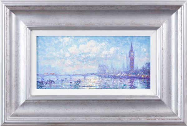 original oil painting of the River Thames and Big Ben by Andrew Grant Kurtis with blue skies and pastel hues