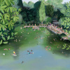 joyful print by artist Jenni Murphy of Hampstead Heath bathing ponds with people playing amongst the green foliage in the water