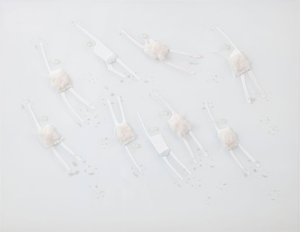 painting of swimming figures all in white with textiles and a resin layer applied to mimic the water by Ruben Abstract