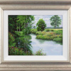 calming rural oil painting of a waterway at Summer with green foliage and blue skies