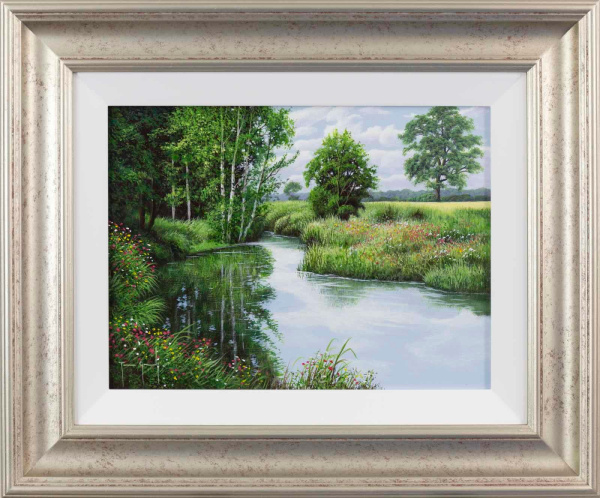 calming rural oil painting of a waterway at Summer with green foliage and blue skies